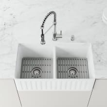 Matte Stone 33" Farmhouse Double Basin Matte Stone™ Kitchen Sink with Basin Rack, Basket Strainer and Cutting Board