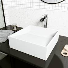 Starr 15" Square Stone Composite Vessel Bathroom Sink with 1.2 GPM Waterfall 11" H Deck Mounted Bathroom Faucet and Pop-Up Drain Assembly