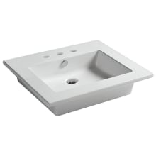 Drop 24" Rectangular Ceramic Drop In or Wall Mounted Bathroom Sink with Overflow and 3 Faucet Holes at 8" Centers