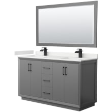 Strada 60" Free Standing Double Basin Vanity Set with Cabinet, Quartz Vanity Top, and Framed Mirror