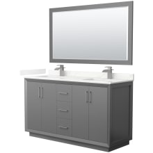 Strada 60" Free Standing Double Basin Vanity Set with Cabinet, Quartz Vanity Top, and Framed Mirror