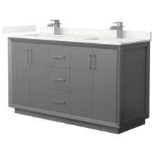 Strada 60" Free Standing Double Basin Vanity Set with Cabinet and Quartz Vanity Top