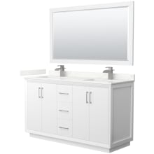 Strada 60" Free Standing Double Basin Vanity Set with Cabinet, Quartz Vanity Top, and Framed Mirror