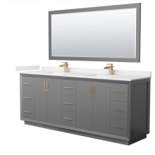 Strada 84" Free Standing Double Basin Vanity Set with Cabinet, Quartz Vanity Top, and Framed Mirror