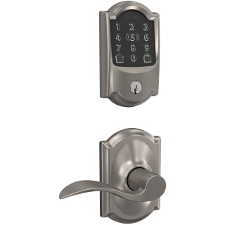Schlage FBE499WBCAMACCCAM619 Satin Nickel Encode Plus Camelot Electronic  Keyless Entry Deadbolt Combo Pack with Accent Interior Lever and Decorative  Camelot Trim 