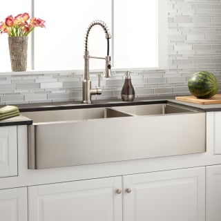 Signature Hardware 422172 Stainless Steel Hazelton 39 60 40 Offset Double Basin Stainless Steel Farmhouse Sink Faucet Com