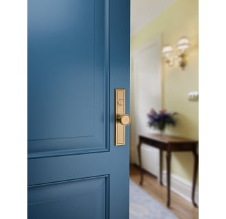 A thumbnail of the Baldwin 6945.DBLC Baldwin-6945.DBLC-Satin Brass and Brown installed on blue door