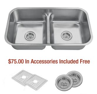 32-1/2" Undermount Double Basin Stainless Steel Kitchen Sink with 50/50 Low-Divide Split - Drain Assemblies and Basin Racks Included Free