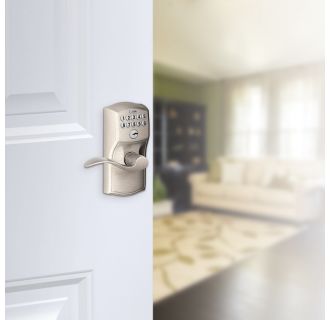 A thumbnail of the Schlage FE595-CAM-ACC Schlage's FE595-CAM-ACC in Satin Nickel on door.