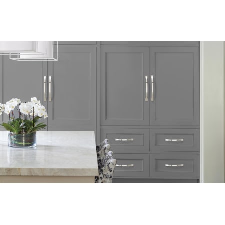 A large image of the Amerock BP29365 Amerock-BP29365-Polished Nickel on Gray Cabinets