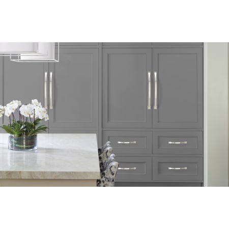 A large image of the Amerock BP29367 Amerock-BP29367-Polished Nickel on Gray Cabinets