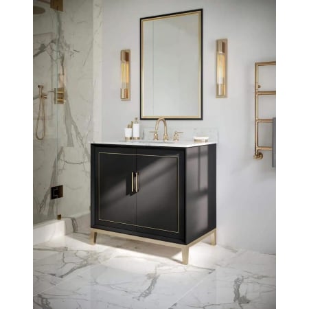 A large image of the BEMMA V-GR36SFM-S-3 Midnight Black / Carrara Marble Top / Satin Brass Hardware