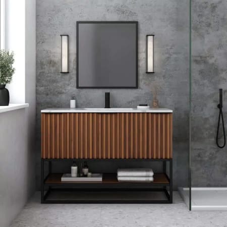 A large image of the BEMMA V-TR48SFM-S-1 Walnut / Carrara Marble Top / Matte Black Hardware