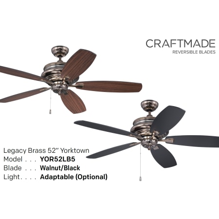A large image of the Craftmade YOR525 Legacy Brass Reversible Blade Options