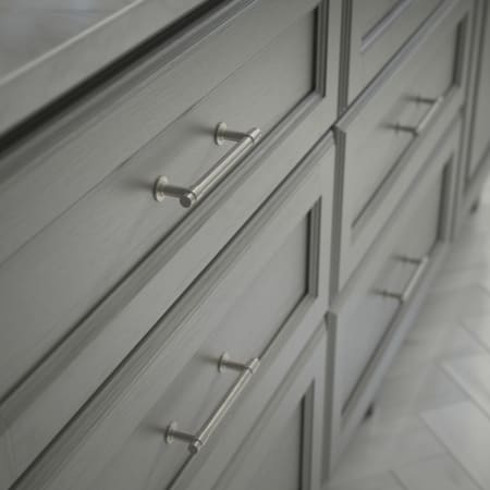 A large image of the Franklin Brass P29617K-B Satin Nickel Hardware on Gray Cabinetry
