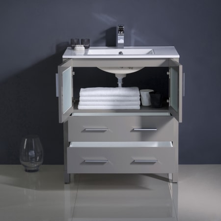 A large image of the Fresca FCB6230-I Fresca-FCB6230-I-Installed View with Doors and Drawers Open