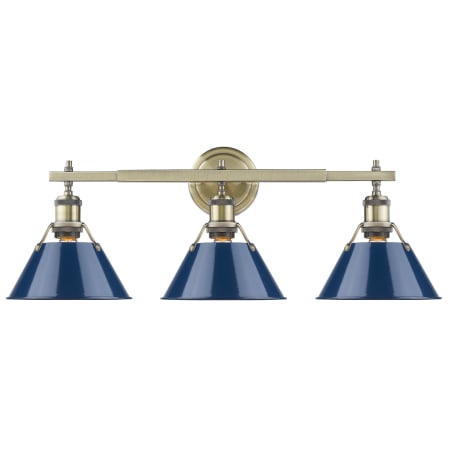 A large image of the Golden Lighting 3306-BA3 AB Aged Brass with Navy Shades