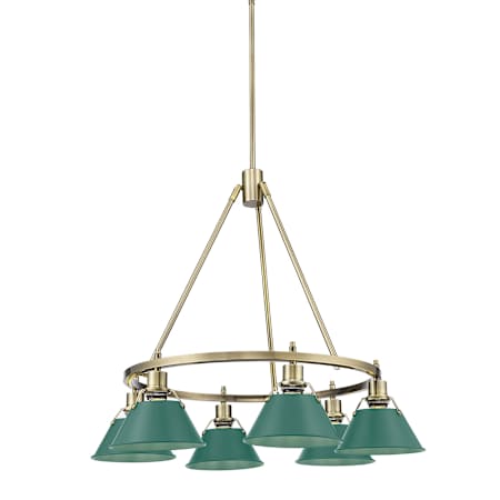 A large image of the Golden Lighting 3306-6 AB Aged Brass / Pine Green Shades