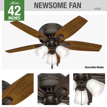 A large image of the Hunter Newsome 42 Low Profile 3 Light Hunter 51078 Ceiling Fan Details