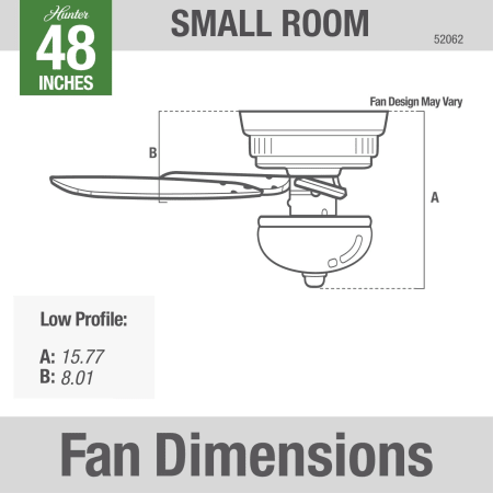 A large image of the Hunter Low Profile 48 Plus Hunter 52062 Low Profile Dimension Graphic