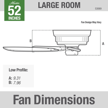 A large image of the Hunter Low Profile 52 Hunter 53069 Low Profile Dimension Graphic