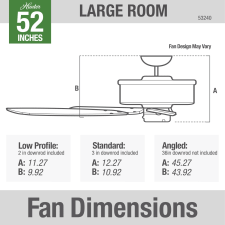 A large image of the Hunter Builder Elite Hunter 53240 Builder Dimension Graphic