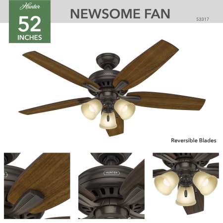 A large image of the Hunter Newsome 52 3 Light Hunter 53317 Newsome Ceiling Fan Details