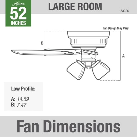 A large image of the Hunter Builder 52 Low Profile Hunter 53326 Builder Dimension Graphic