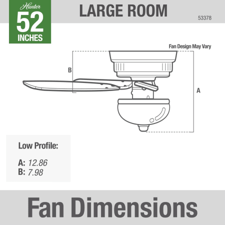 A large image of the Hunter Kenbridge 52 Low Profile Hunter 53378 Kenbridge Dimension Graphic