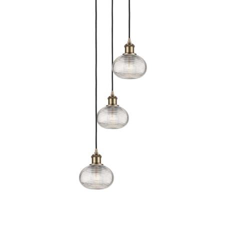 A large image of the Innovations Lighting 113B-3P-22-13 Ithaca Pendant Antique Brass / Clear Ithaca