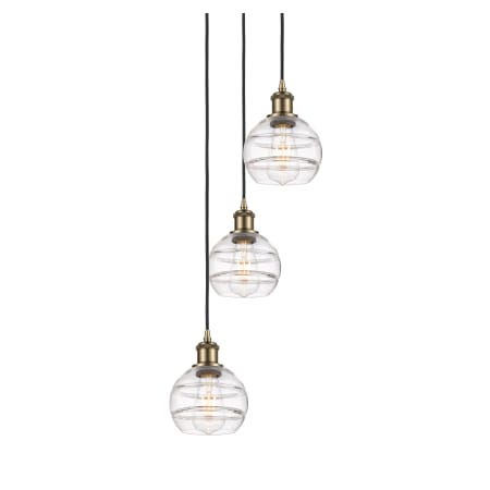 A large image of the Innovations Lighting 113B-3P-24-12 Rochester Pendant Antique Brass / Clear