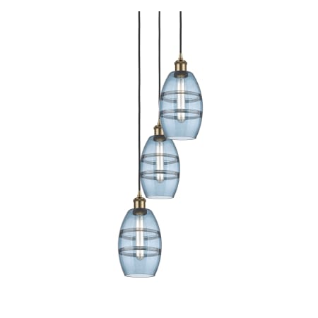 A large image of the Innovations Lighting 113B-3P-25-12 Vaz Pendant Antique Brass / Blue