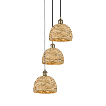 A large image of the Innovations Lighting 113B-3P-30-19 Woven Rattan Pendant Antique Brass / Natural