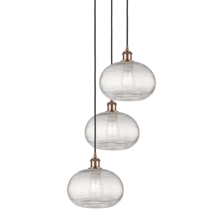 A large image of the Innovations Lighting 113B-3P-30-17 Ithaca Pendant Antique Copper / Clear Ithaca