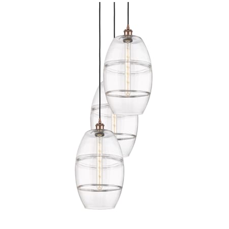 A large image of the Innovations Lighting 113B-3P-56-17 Vaz Pendant Antique Copper / Clear