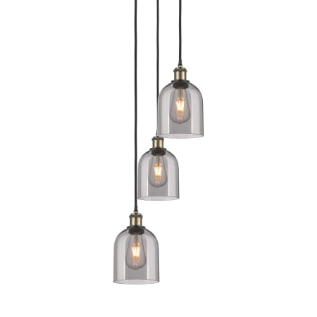 A large image of the Innovations Lighting 113B-3P-30-12 Bella Pendant Black Antique Brass / Light Smoke