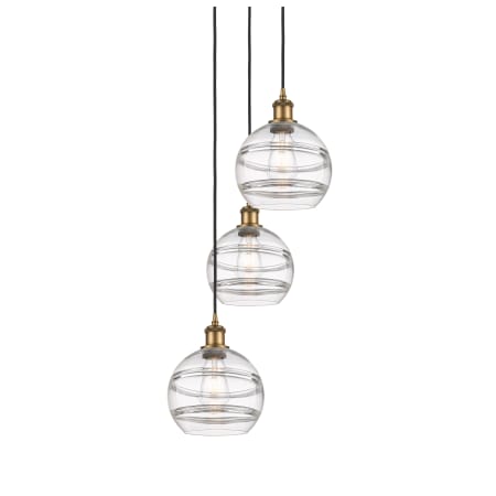 A large image of the Innovations Lighting 113B-3P-30-15 Rochester Pendant Brushed Brass / Clear