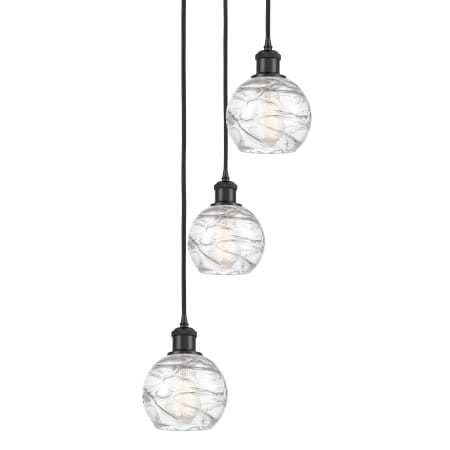 A large image of the Innovations Lighting 113B-3P-18-13 Athens Pendant Matte Black / Clear Deco Swirl