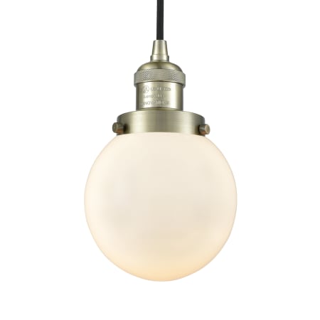 A large image of the Innovations Lighting 201C-6 Beacon Antique Brass / Matte White Cased