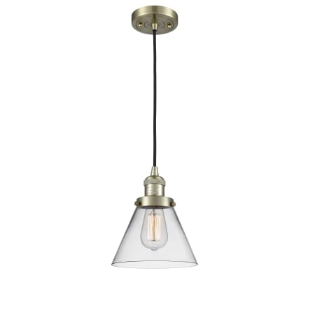 A large image of the Innovations Lighting 201C Large Cone Antique Brass / Clear
