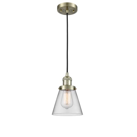 A large image of the Innovations Lighting 201C Small Cone Antique Brass / Clear