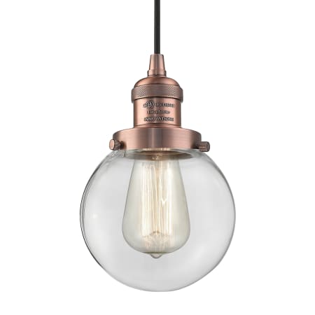 A large image of the Innovations Lighting 201C-6 Beacon Antique Copper / Clear