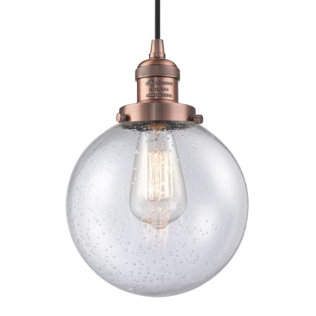 A large image of the Innovations Lighting 201C-8 Beacon Antique Copper / Seedy