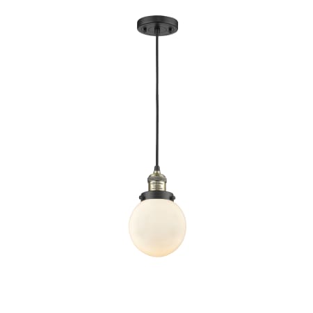 A large image of the Innovations Lighting 201C-6 Beacon Black Antique Brass / Matte White Cased