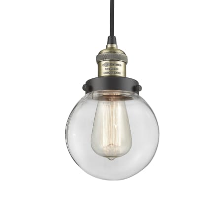 A large image of the Innovations Lighting 201C-6 Beacon Black Antique Brass / Clear