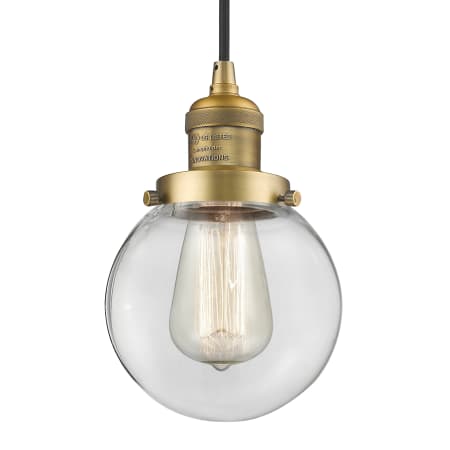 A large image of the Innovations Lighting 201C-6 Beacon Brushed Brass / Clear