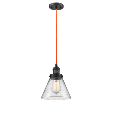 A large image of the Innovations Lighting 201C Large Cone Oiled Rubbed Bronze / Seedy / Orange Cord