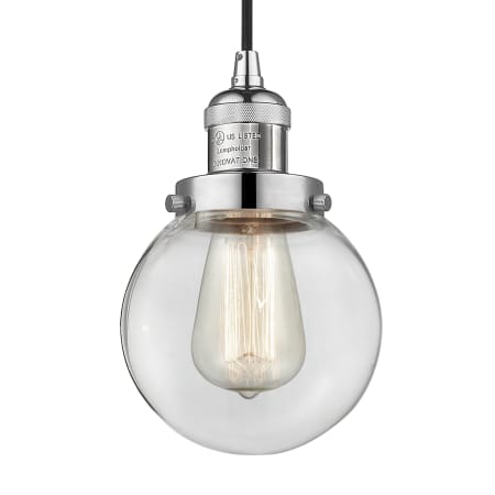 A large image of the Innovations Lighting 201C-6 Beacon Polished Nickel / Clear