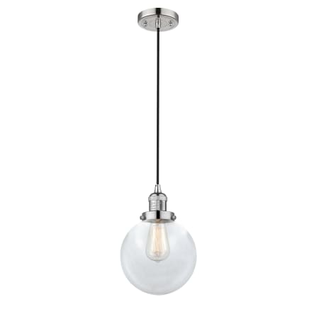 A large image of the Innovations Lighting 201C-8 Beacon Polished Nickel / Clear