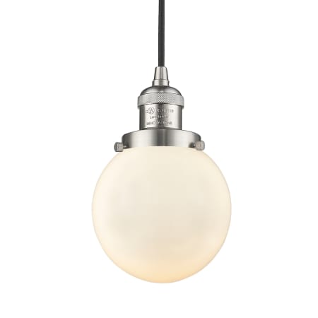 A large image of the Innovations Lighting 201C-6 Beacon Brushed Satin Nickel / Matte White Cased